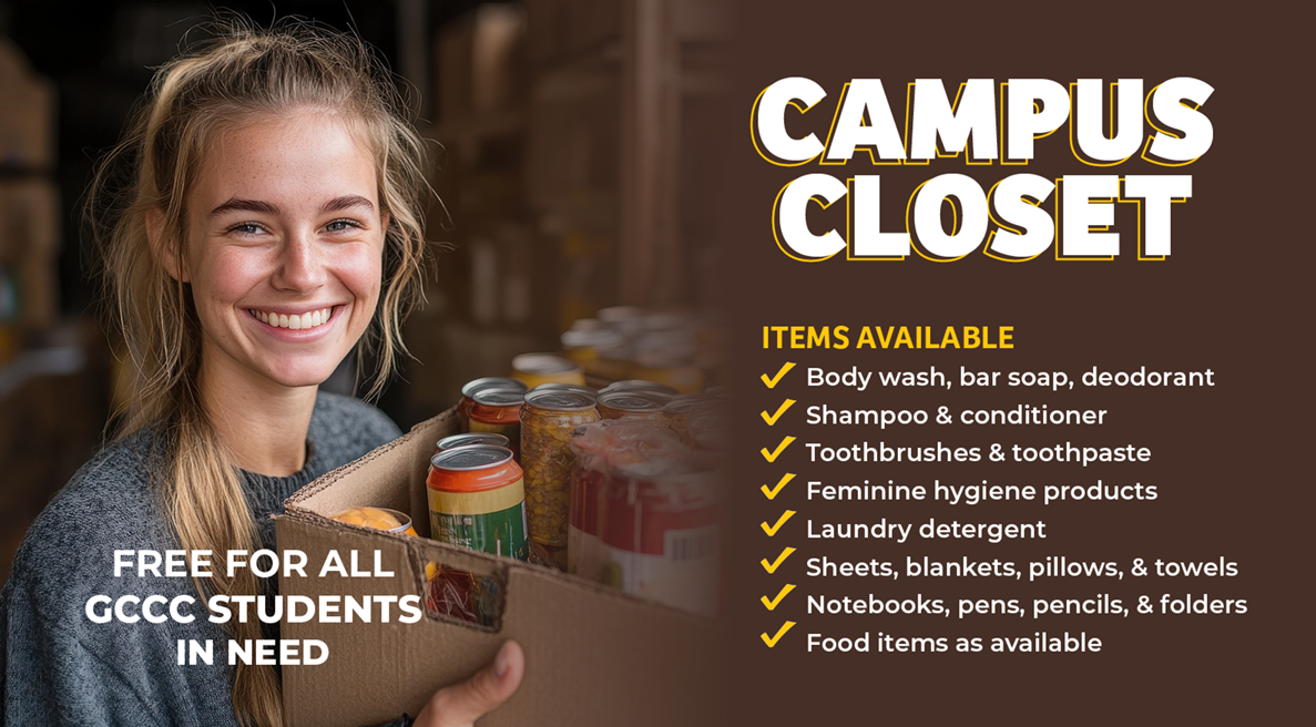Image of a girl holding box of drinks with the words Campus Closet and a list of items available.