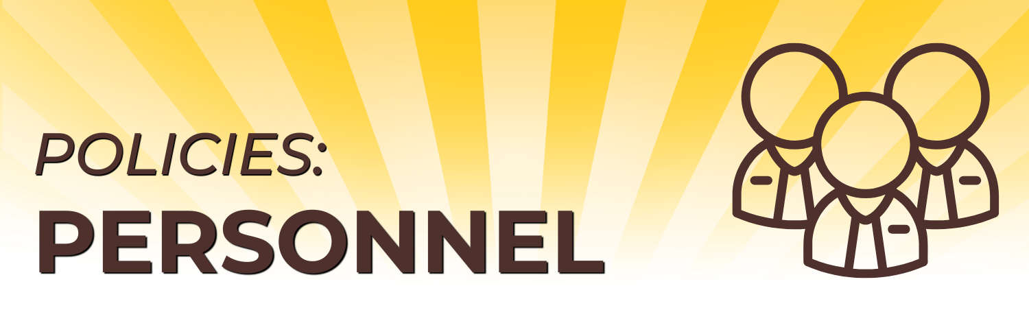 Graphic with text “Policies: Personnel” and icon of three people on a yellow background.