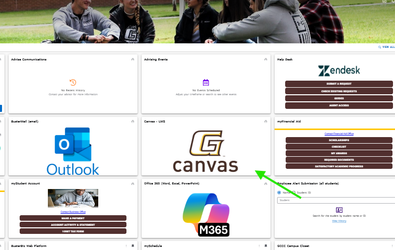 myGCCC Dashboard, with green arrow pointing at the tile for Canvas LMS.