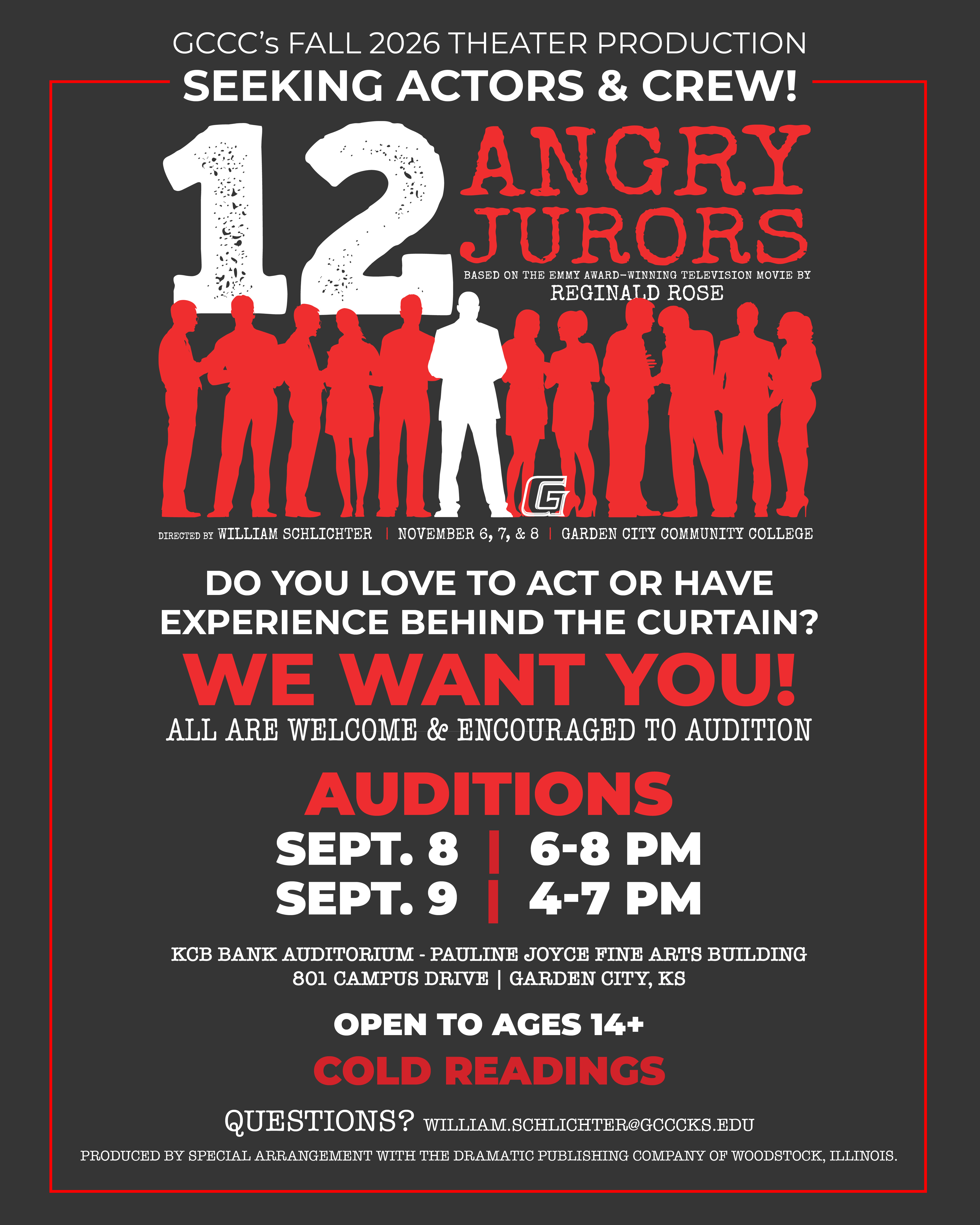 Poster for Garden City Community College’s Fall 2026 theater production 12 Angry Jurors seeking actors and crew. Auditions are Sept. 8 (6-8 p.m.) and Sept. 9 (4-7 p.m.) at the KCB Bank Auditorium in the Pauline Joyce Fine Arts Building, Garden City, KS. Open to ages 14+ with cold readings.