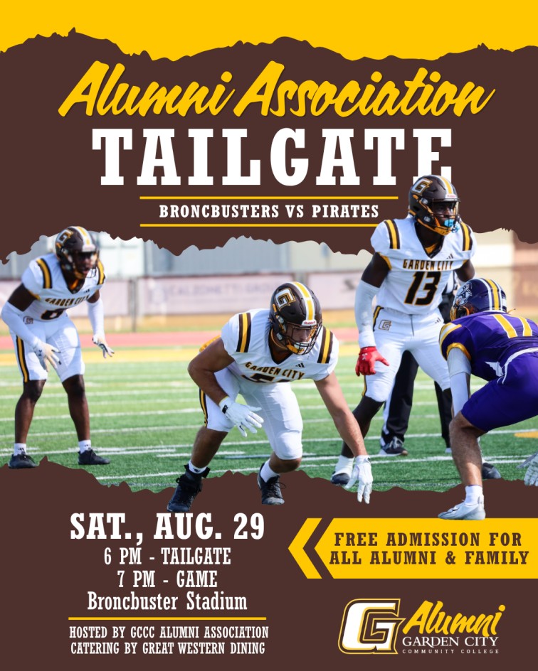Promotional graphic for a GCCC Alumni Association Tailgate featuring football players on the field. Event details: Sat., Aug. 29, tailgate at 6 p.m., game at 7 p.m. at Broncbuster Stadium. Free admission for alumni and family.