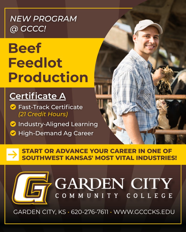 Promotional graphic for Garden City Community College's new Beef Feedlot Production Certificate A program.