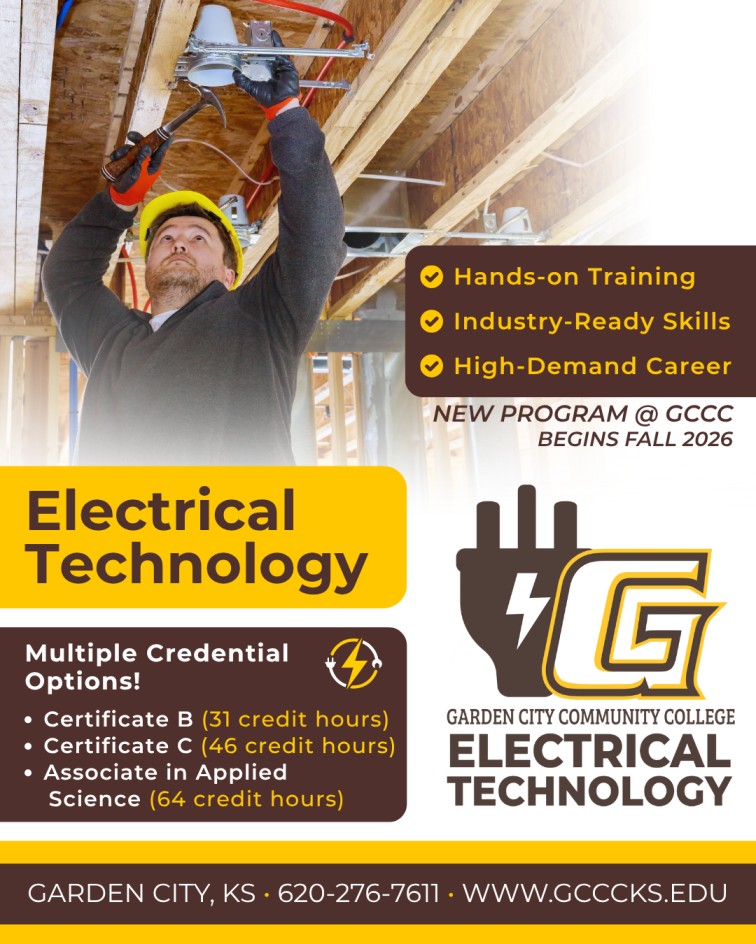 Garden City Community College Electrical Technology program advertisement featuring a student installing electrical wiring, promoting hands-on training, industry-ready skills, multiple credential options, and a Fall 2026 start date.