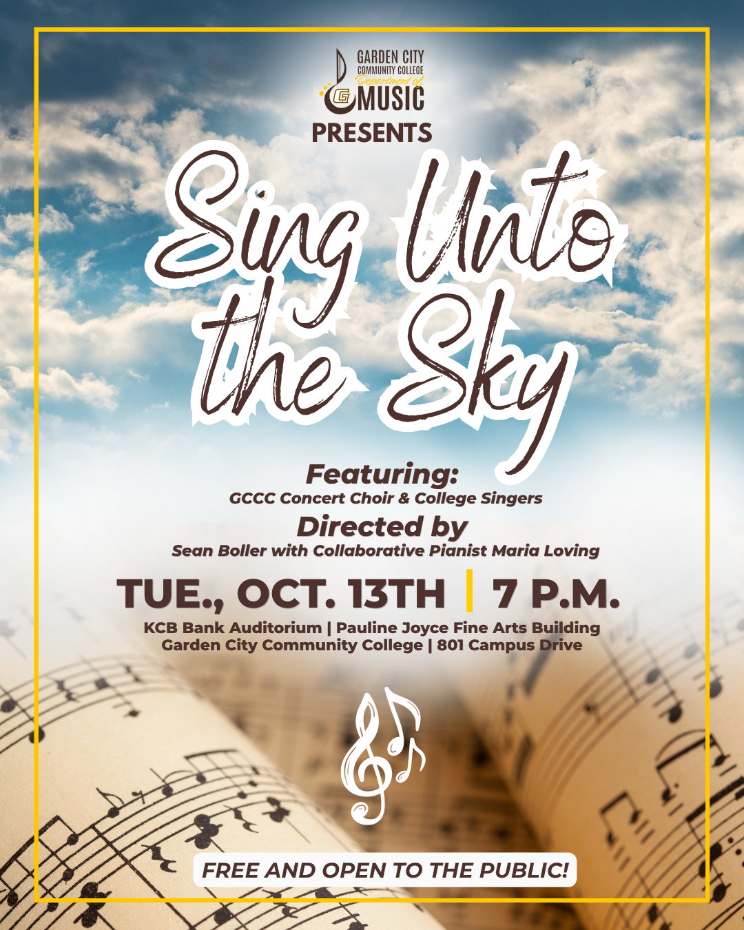 GCCC Music Department poster for “Sing Unto the Sky,” featuring the GCCC Concert Choir and College Singers on Oct. 13 at 7 p.m. in KCB Bank Auditorium, Pauline Joyce Fine Arts Building. Free and open to the public.