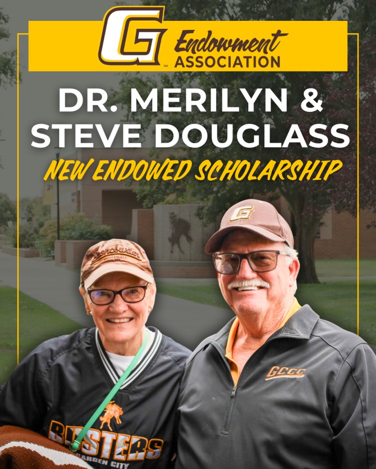 Graphic announcing a new endowed scholarship from the GCCC Endowment Association, featuring two people in GCCC-branded apparel with the text: “Dr. Merilyn & Steve Douglass New Endowed Scholarship.”