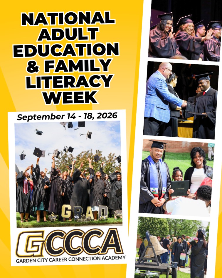 Promotional graphic for National Adult Education & Family Literacy Week (September 14-18, 2026) featuring GCCCA graduates in caps and gowns during commencement and family celebration events.