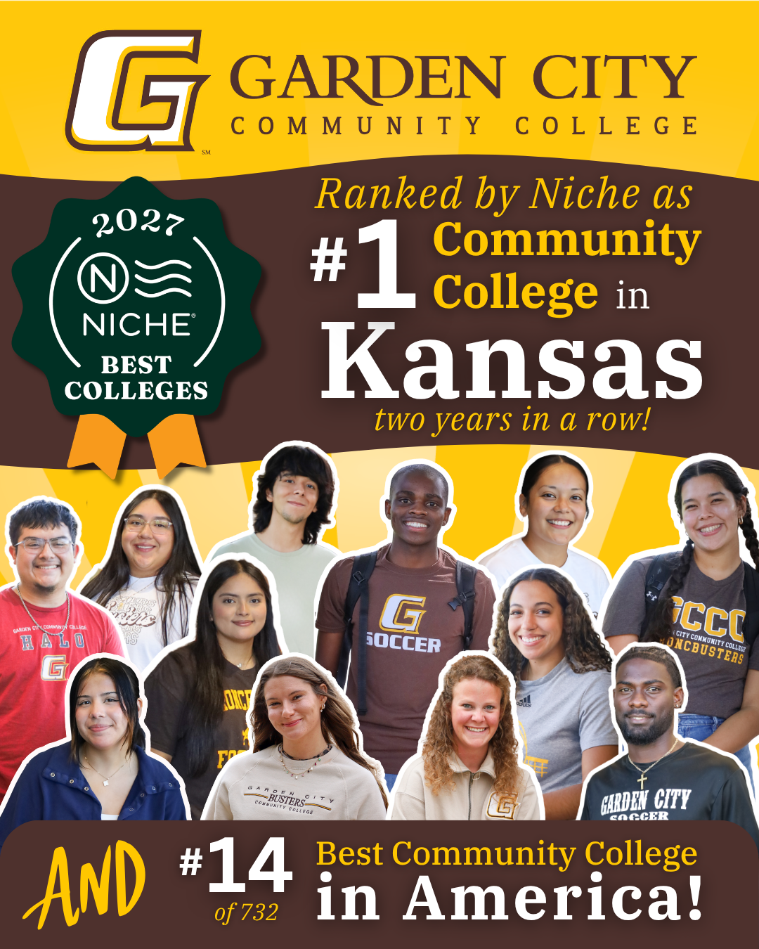 Garden City Community College ranked by Niche as the #1 community college in Kansas for 2027, for the second year in a row, and #14 among 732 community colleges in America, featuring a collage of students.