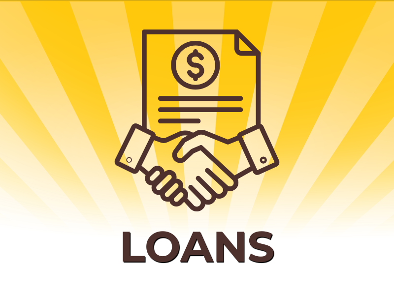 Handshake beneath a dollar-marked loan document with the word “LOANS” on a yellow sunburst background.