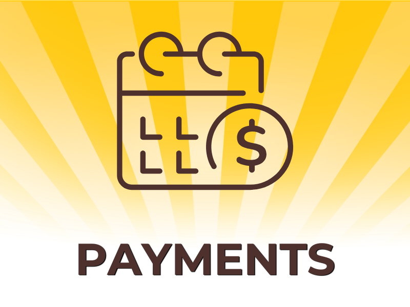 Payment icon featuring a payment calendar and dollar sign on a gold sunburst background.