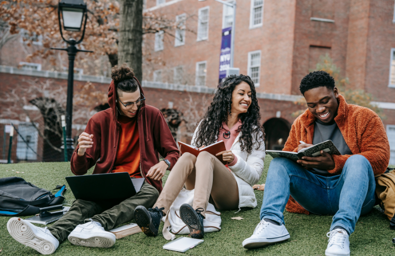 students studying together at park.