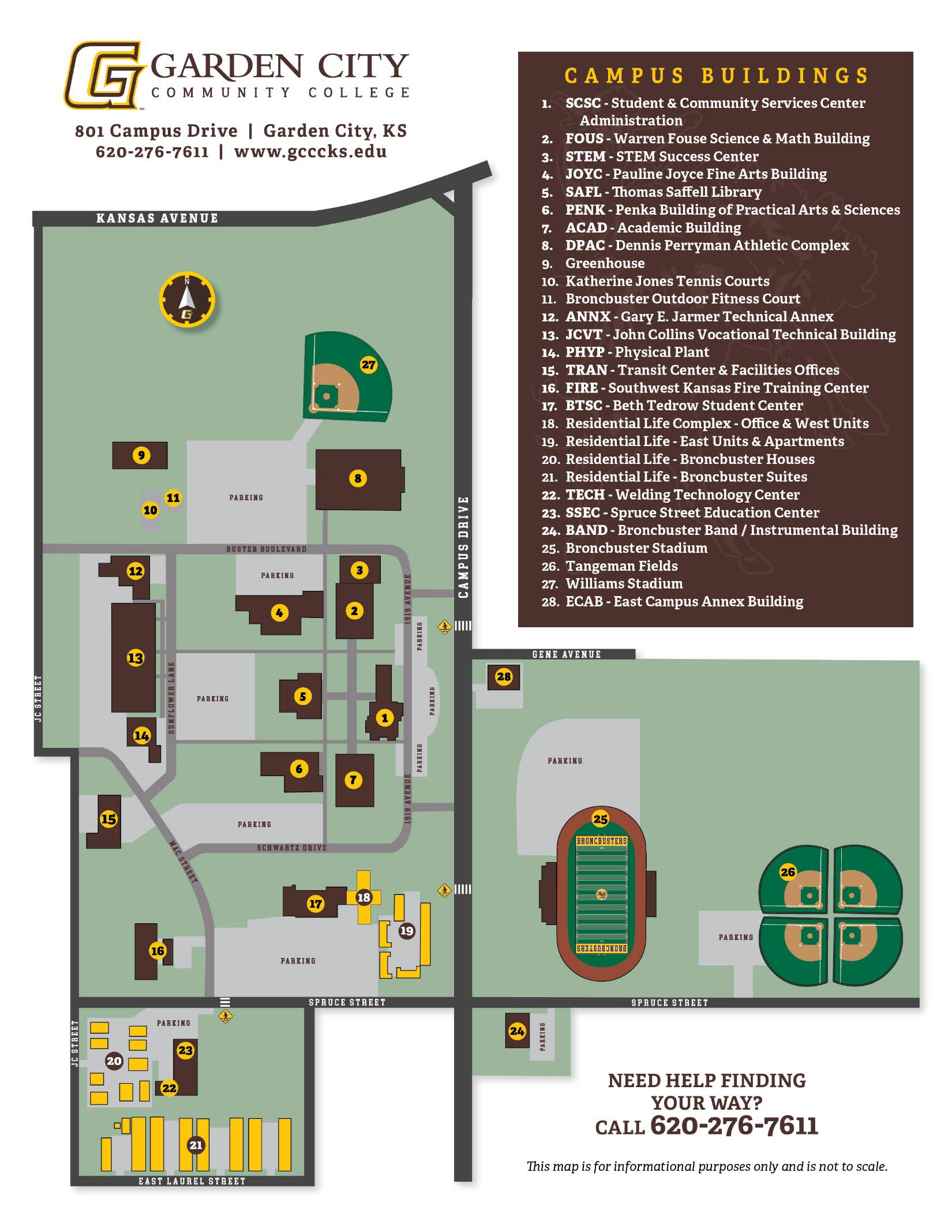 Garden City Community College Campus Map showing numbered building locations 1 through 28, parking lots, and surrounding campus streets.