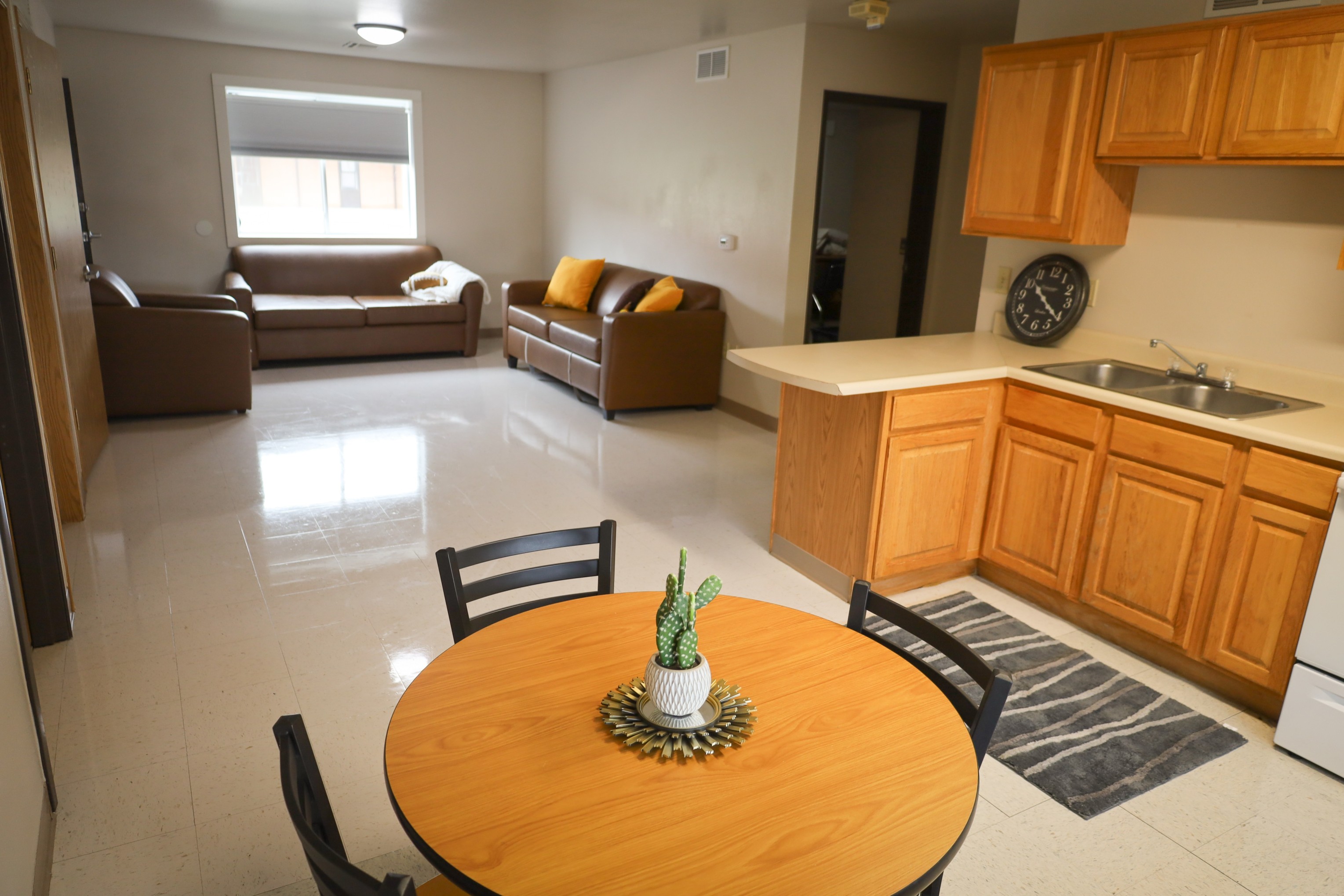 Open living area with small round dining table, kitchen with wooden cabinets and sink, and seating area with couches by a window.