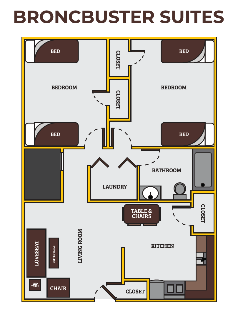 Floor plan of Broncbuster Suites with two bedrooms, closets, bathroom, laundry area, kitchen with dining table, and living room seating.