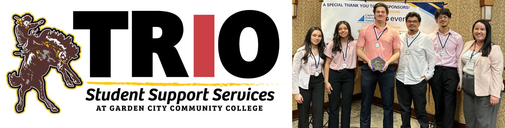 TRIO Student Support Services banner beside group of students with medals at recognition event.